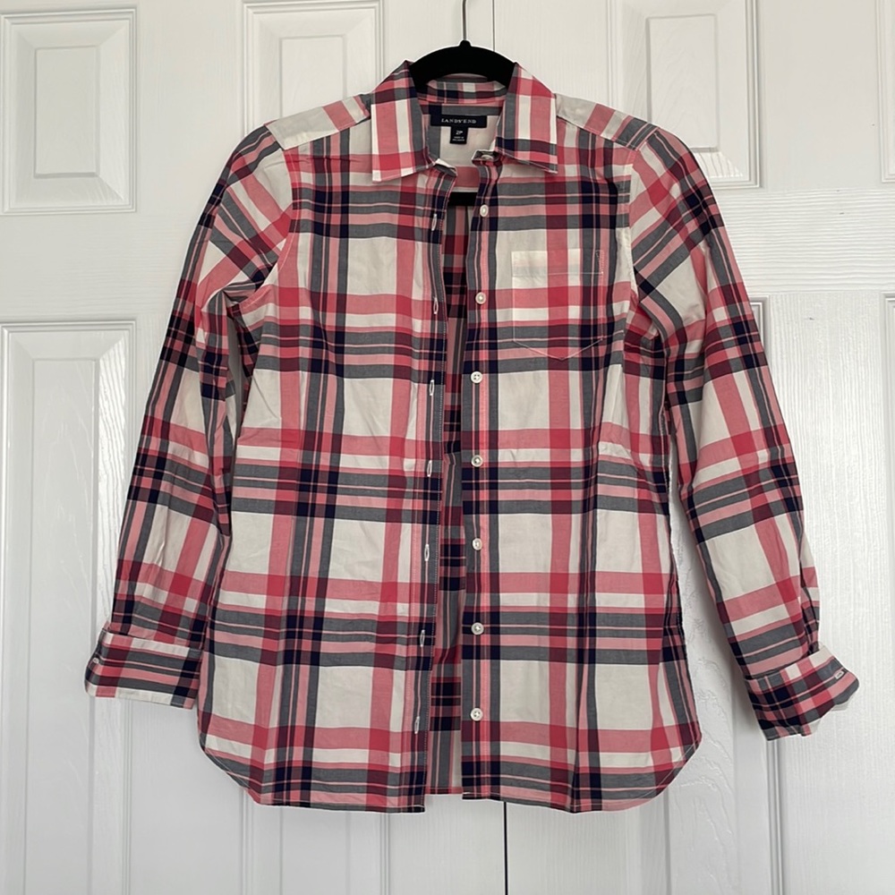 Lands End Button Down Shirt cotton Pink and Blue Plaid